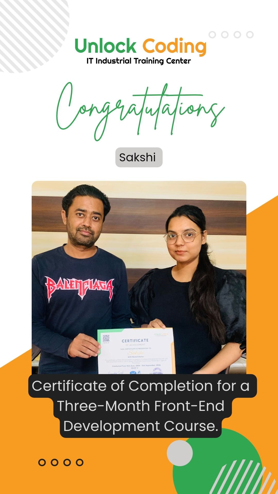 Certificate of Completion for a Three-Month Front-End Development Course.
